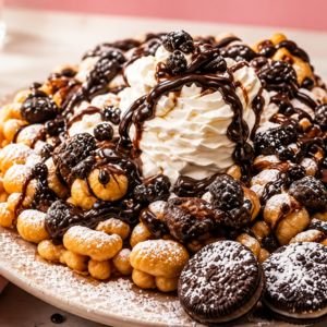 Big Back Oreo funnel cake, loaded with crushed Oreos and drizzle