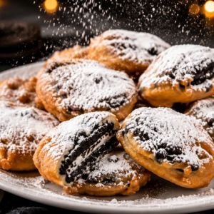 Eight fried Oreos dusted with powdered sugar